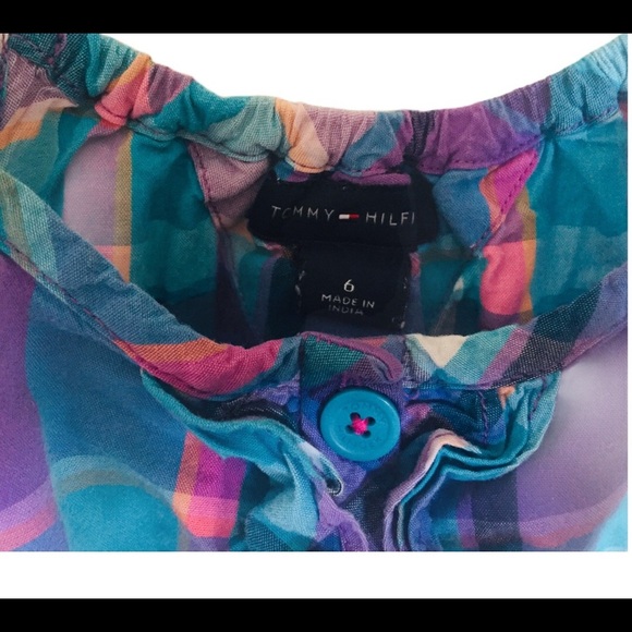 TOMMY HILFIGER Spaghetti Strap Plaid Short Romper With Pockets Purple Girl 6Y - Picture 9 of 10